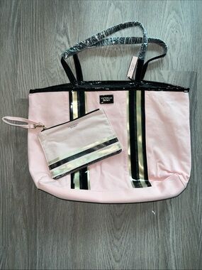 NWT Victoria's Secret Pink Tote with Black Trim and Gold Stripes